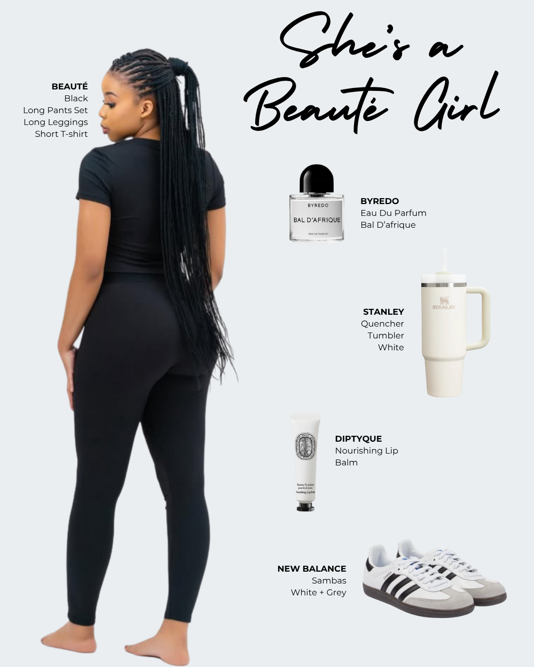 A woman with long braided hair wearing a black short-sleeve T-shirt and black long pants set, standing sideways against a light background. The image includes text highlighting fashion and beauty products such as a perfume, tumbler, lip balm, and sne