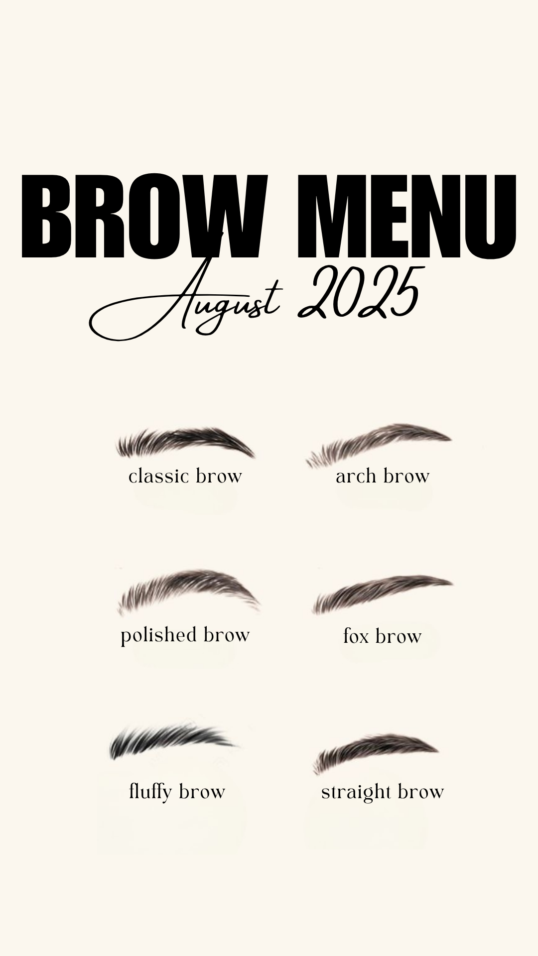 Brow menu for August 2025 showing six styles: classic brow, arch brow, polished brow, fox brow, fluffy brow, straight brow