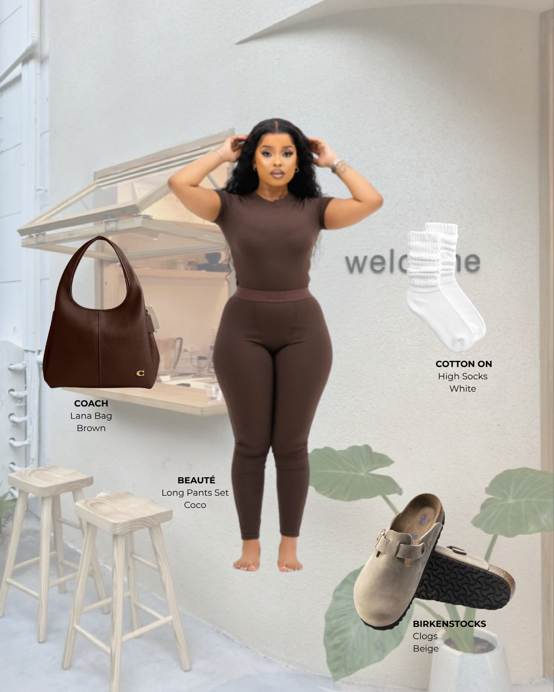 A woman standing in a minimalistic room with a light gray wall, holding her hair. She is wearing a brown fitted top and matching long pants set. The image features labeled fashion items: a brown Coach Lana bag on the left, a pair of white Cotton On h