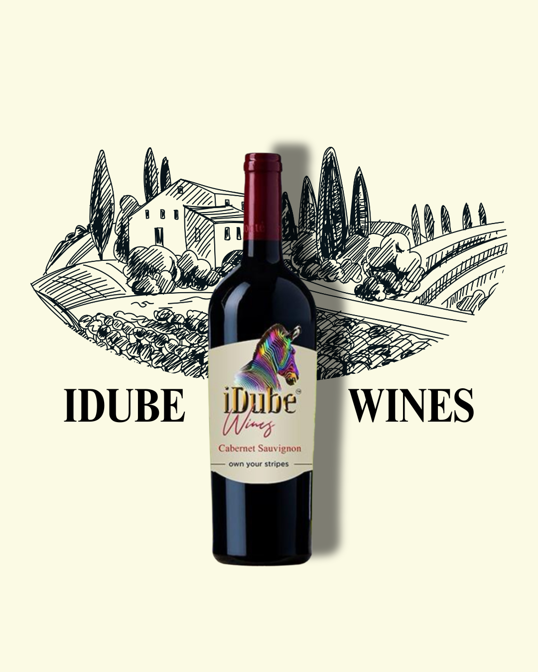 A bottle of iDube Wines Cabernet Sauvignon in front of a black and white illustration of a rural landscape with vineyards, trees, and buildings.