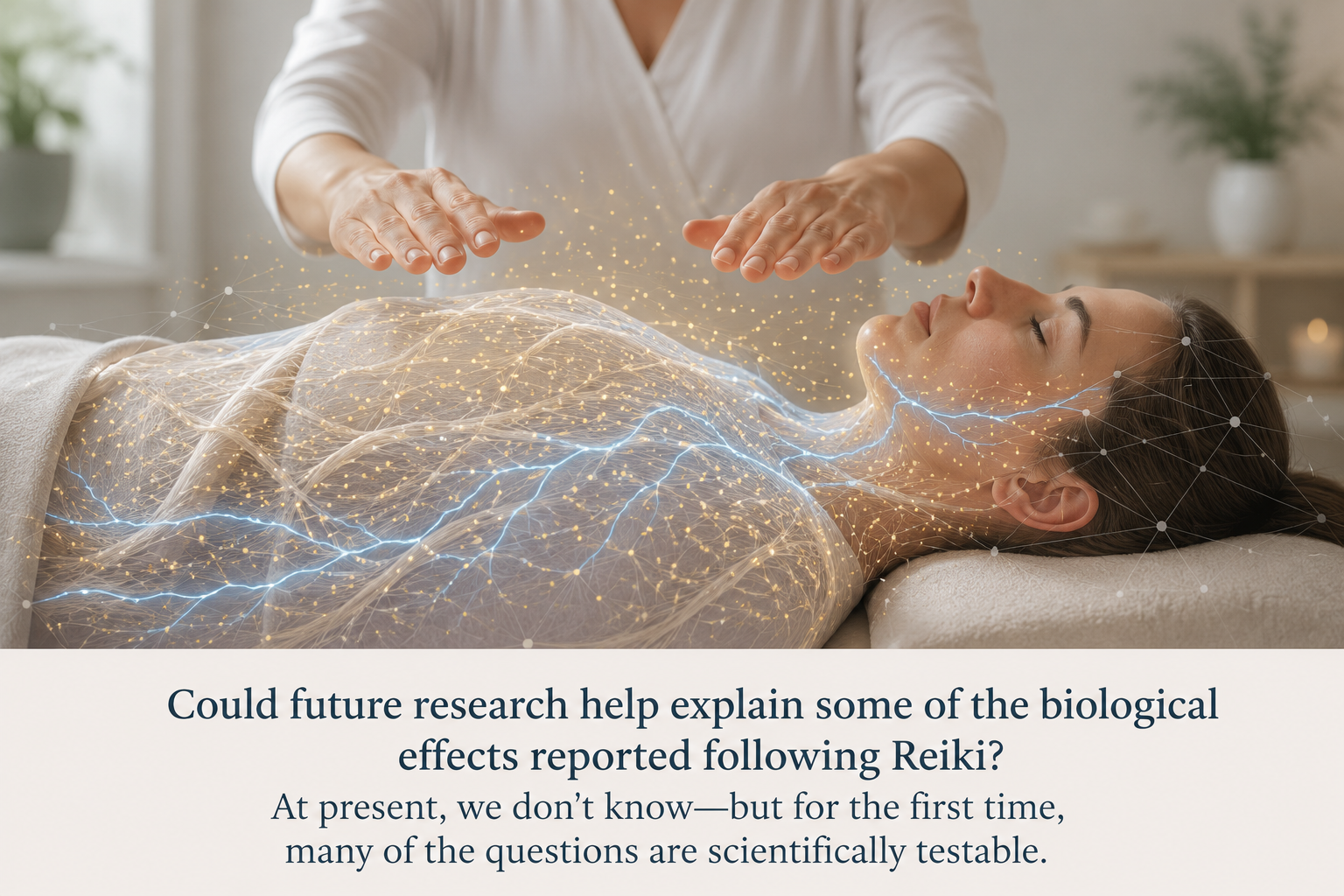 A woman lying down with a digital overlay of neural connections, lightening, and energy flows across her body, while a practitioner appears to perform a Reiki session. The scene represents healing and biofield energy therapy.