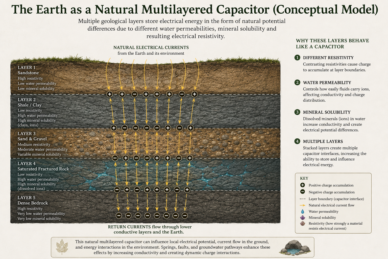 Diagram illustrating Earth's layered natural multilayered capacitor model, showing five geological layers: sandstone, shale/clay, sand and gravel, saturated fractured rock, and dense bedrock. Each layer has properties like resistivity, water permeability, mineral solubility, and electrical behavior. Arrows indicate natural electrical currents and water permeability flow. Symbols depict positive and negative charge accumulation, layer boundaries, water permeability, mineral solubility, and resistivity.