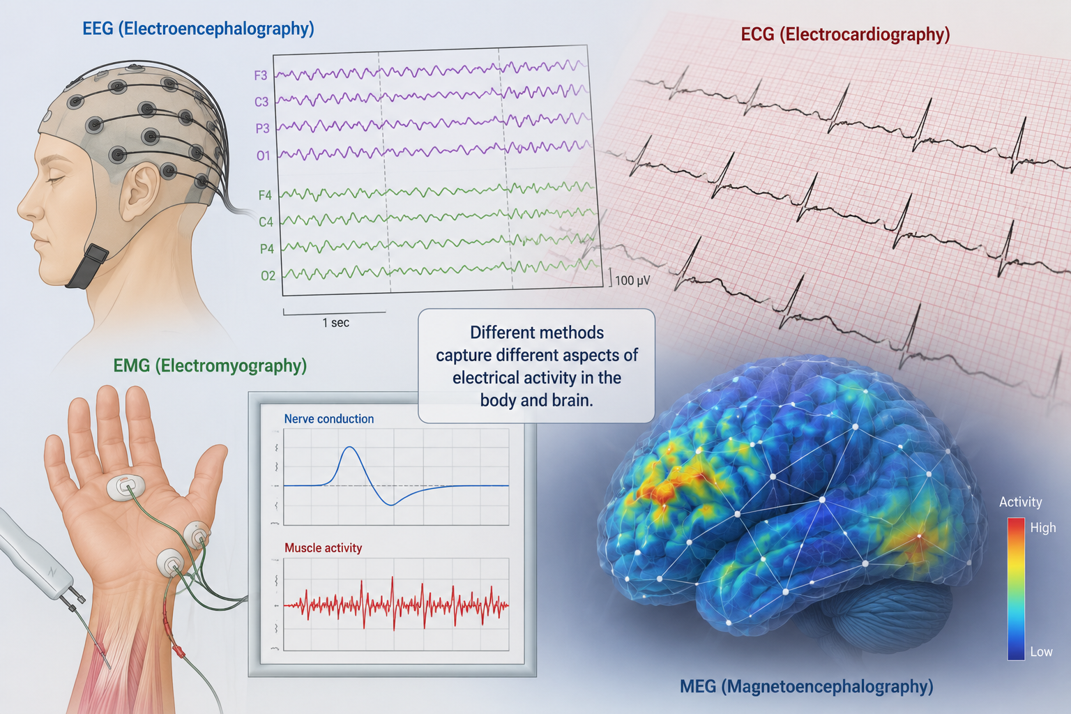 Diagram showing different methods of capturing electrical activity in the body and brain, including EEG with scalp electrodes, ECG with heart electrodes, EMG with muscle electrodes, and MEG with brain sensors, along with sample readings and explanatory text.