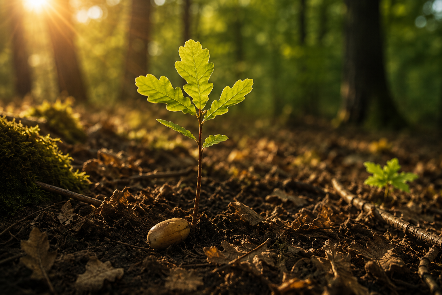 A young oak tree seedling emerging from the forest floor, with an acorn at its base, illuminated by sunlight filtering through the trees in the background.