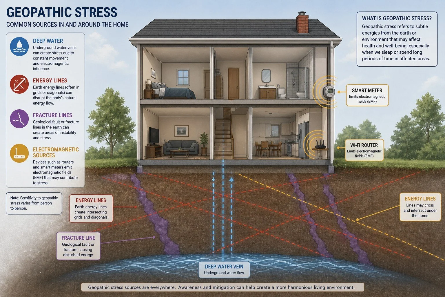 Diagram of a house showing sources of geopathic stress underground, including deep water veins, energy lines, fracture lines, and electromagnetic sources, with labels for smart meter and Wi-Fi router emitting electromagnetic fields.