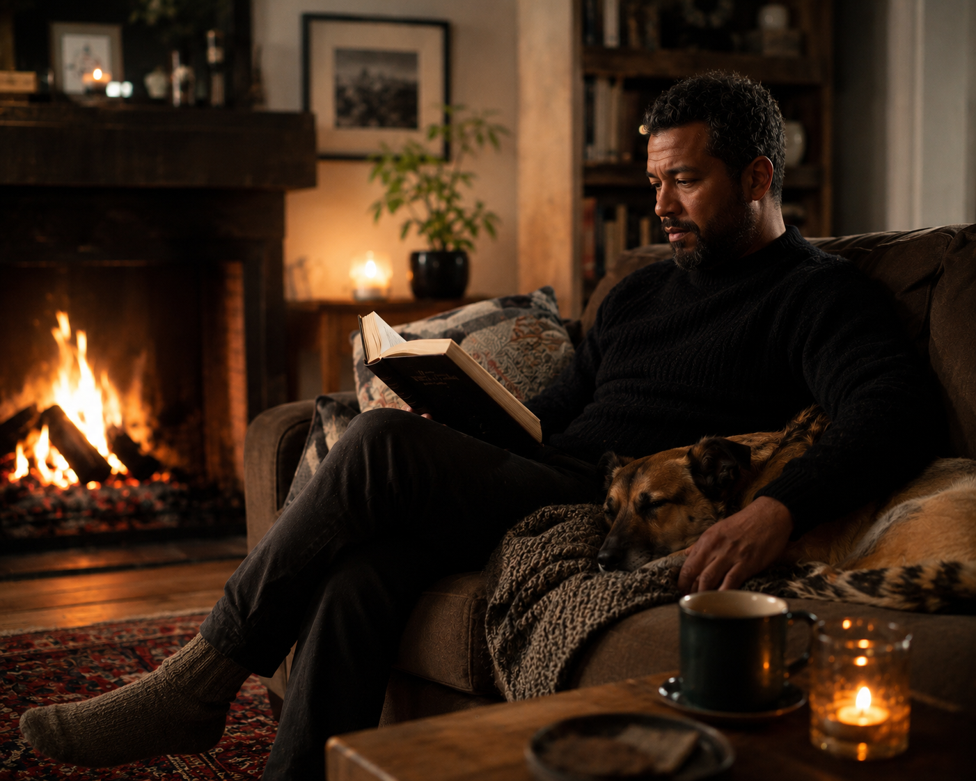 A man sitting on a couch by a fireplace, reading a book, with a dog resting beside him. The room is cozy with warm lighting, candles, and books on shelves in the background.
