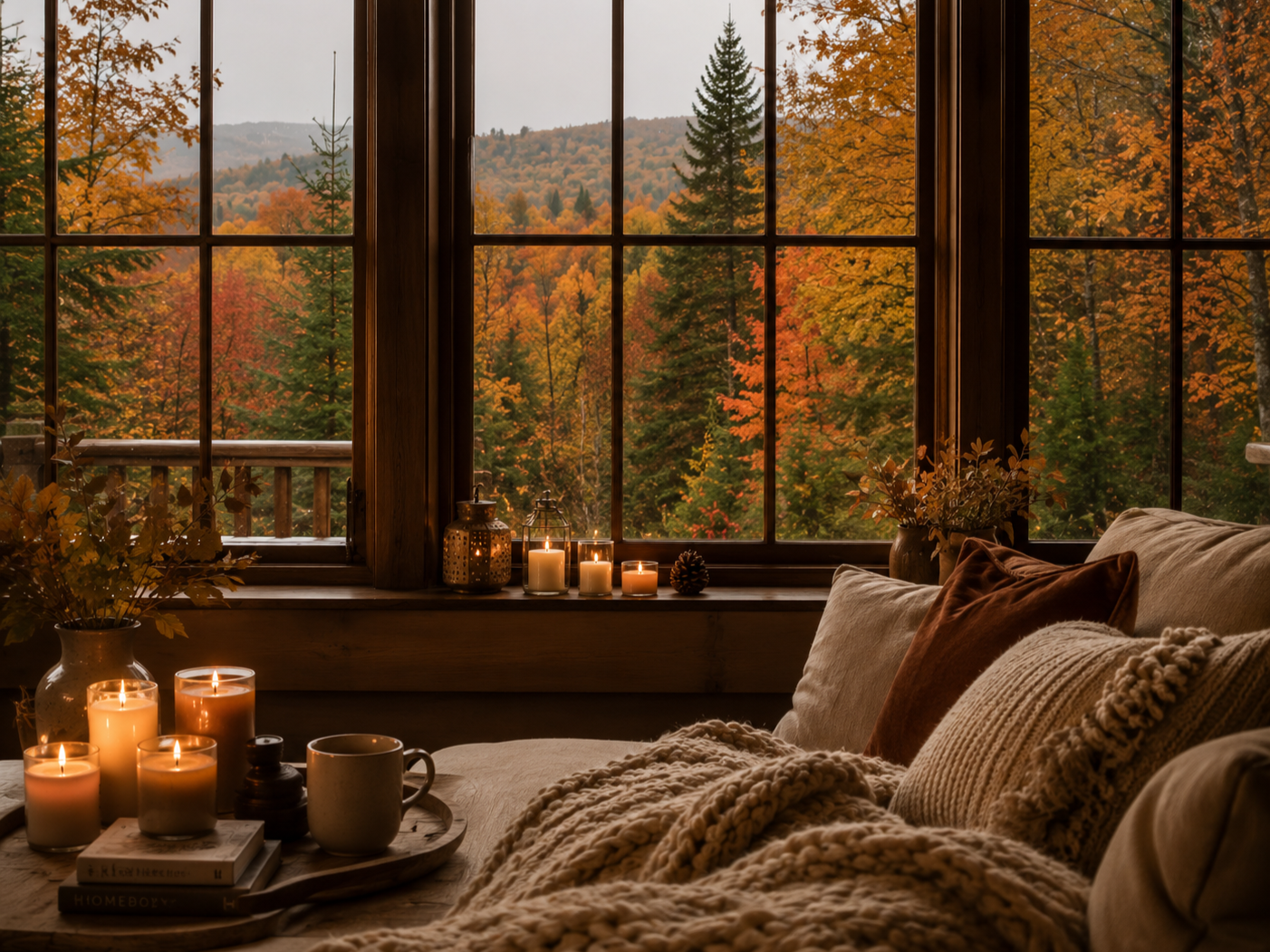 A cozy living room with candles on a tray, books, and pillows on a beige couch, looking out a large window at vibrant fall foliage with trees in shades of orange, red, and green, and distant mountains.