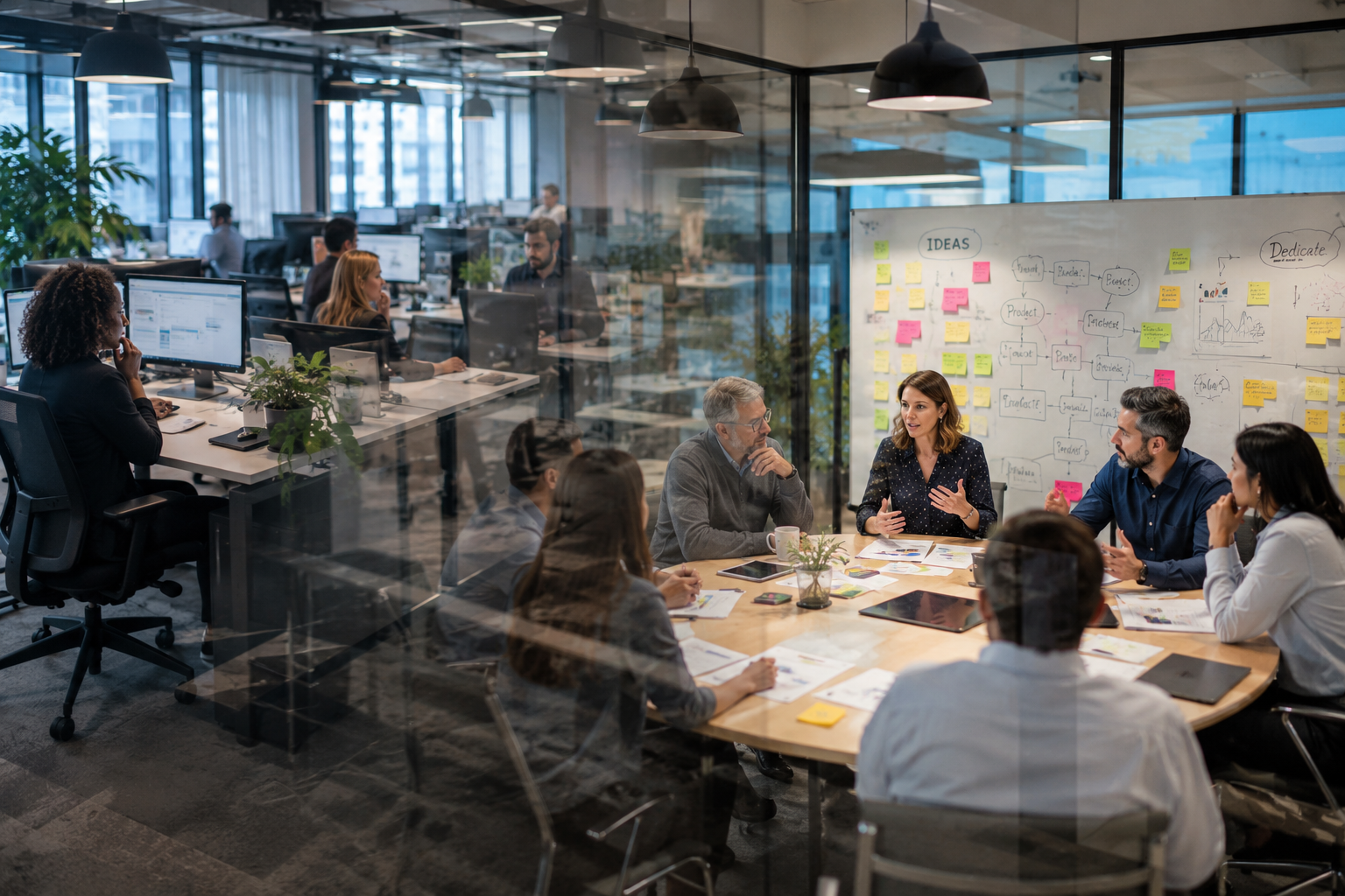 A diverse group of businesspeople having a meeting around a table in a modern office, with a whiteboard filled with notes and diagrams behind them.