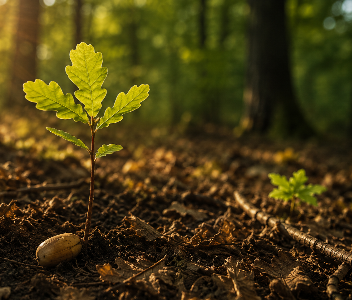 Image reflecting renewal. Young oak tree sprout growing from an acorn on forest floor with soil, fallen leaves, and small plants, illuminated by sunlight