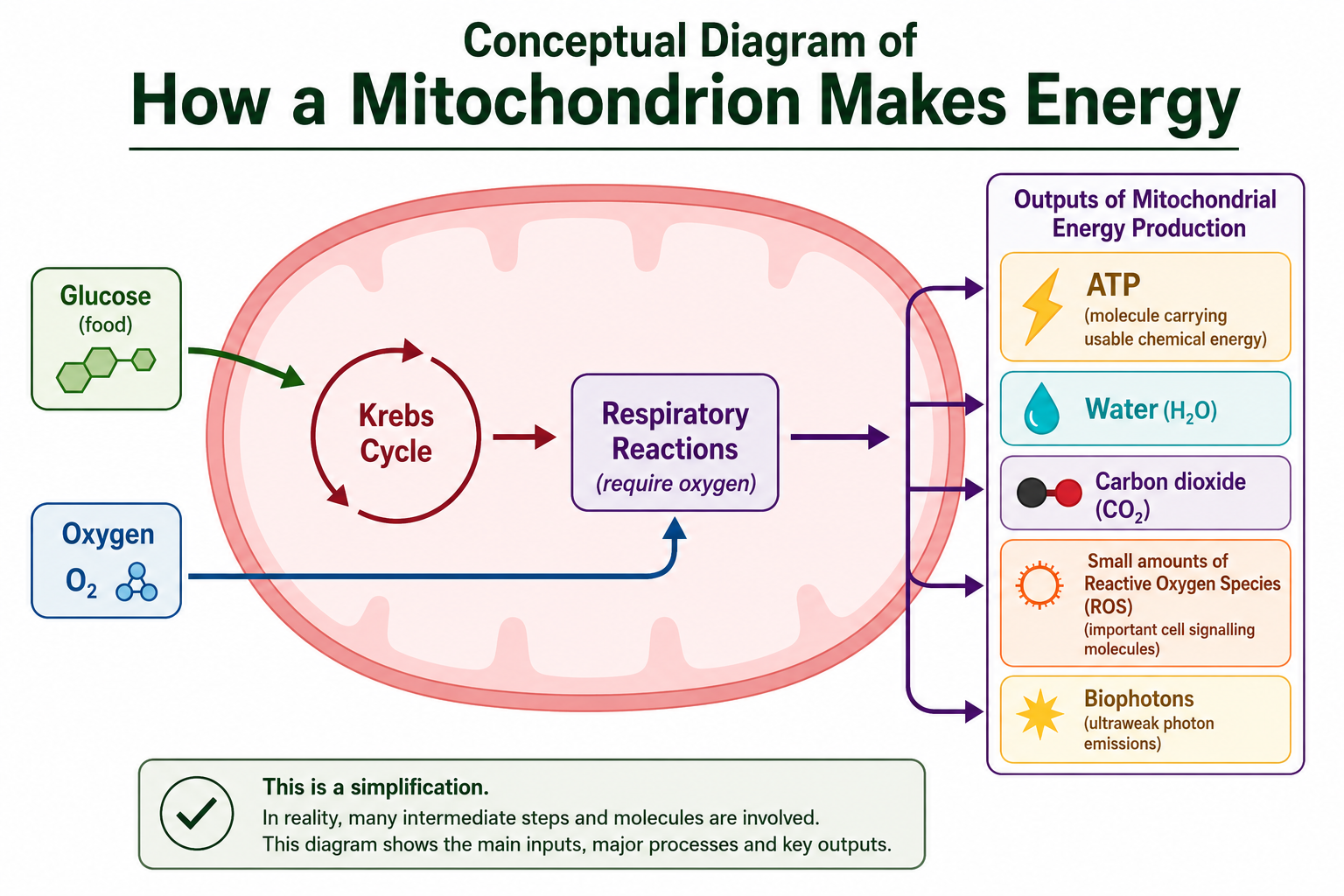 A simplified conceptual diagram illustrating how mitochondria produce energy. It shows inputs of glucose (food) and oxygen (O2) entering, with outputs including ATP, water (H2O), carbon dioxide (CO2), reactive oxygen species (ROS), and biophotons. The diagram outlines the Krebs cycle and respiratory reactions within the mitochondria.