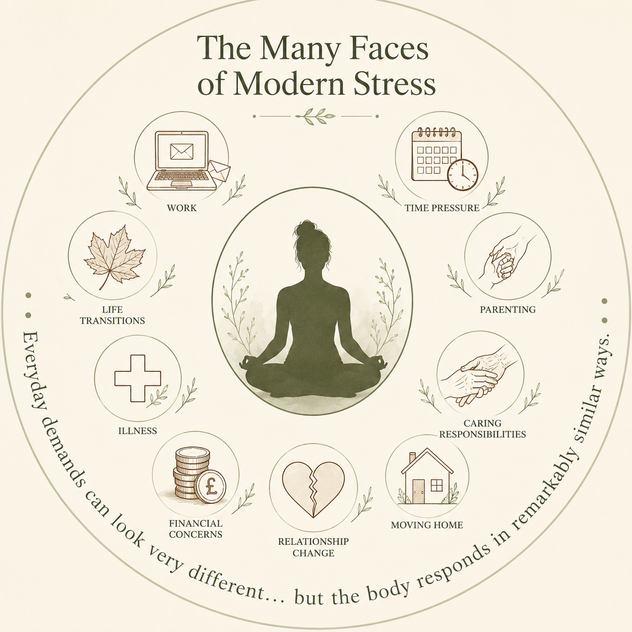 A graphic titled "The Many Faces of Modern Stress" featuring icons representing work, time pressure, parenting, caring responsibilities, moving home, relationship change, financial concerns, illness, life transitions, and a person meditating in the center.