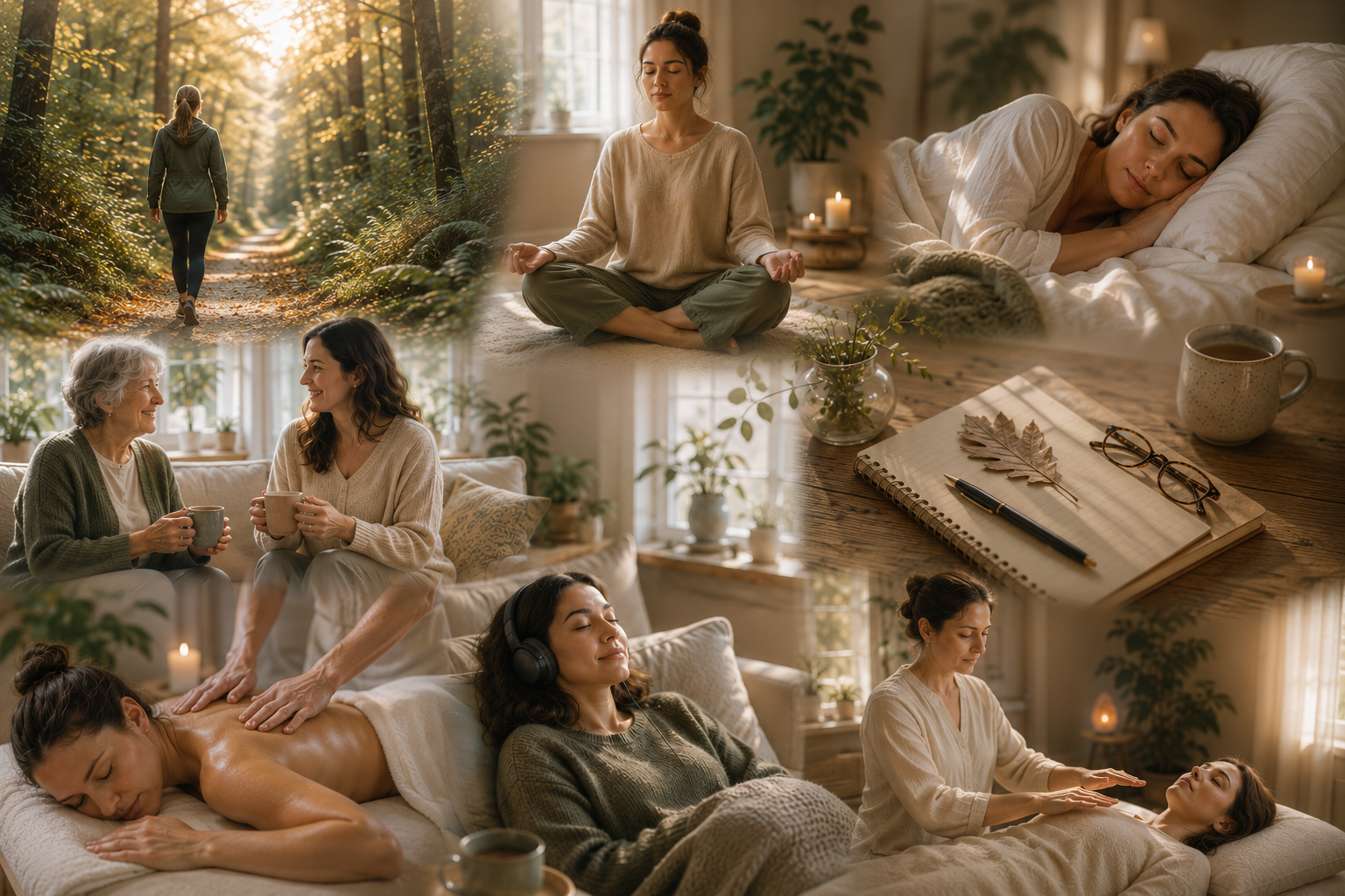A collage of women engaging in various relaxing activities. Top left shows a woman walking in a sunlit forest trail. Top center depicts a woman meditating indoors on a cushion with candles and plants nearby. Top right features a woman sleeping peacefully in bed. Bottom left captures two women smiling over coffee in a cozy living room. Bottom center shows a woman laying on her stomach with headphones on, possibly relaxing, while another woman reads her palms. Bottom right depicts a woman receiving a gentle massage from another woman in a calm indoor setting.