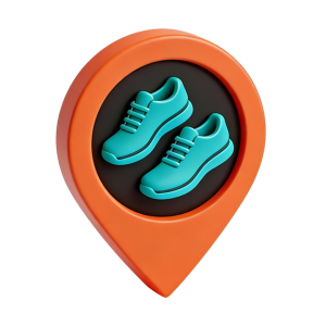 Colourful map location pin containing a pair of running trainers to symbolise a test-run.