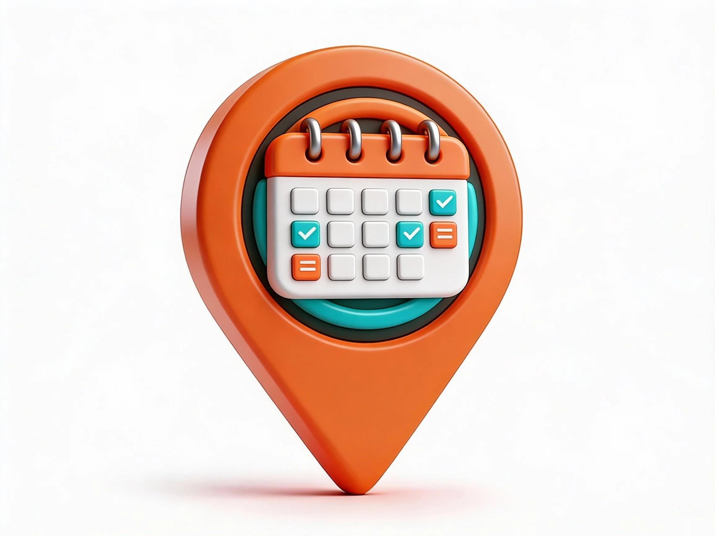 a calendar symbol on an orange and teal decal on a map icon
