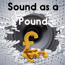 Text reading 'Sound as a Pound' over a musical speaker with broken bricks and gold currency symbols.