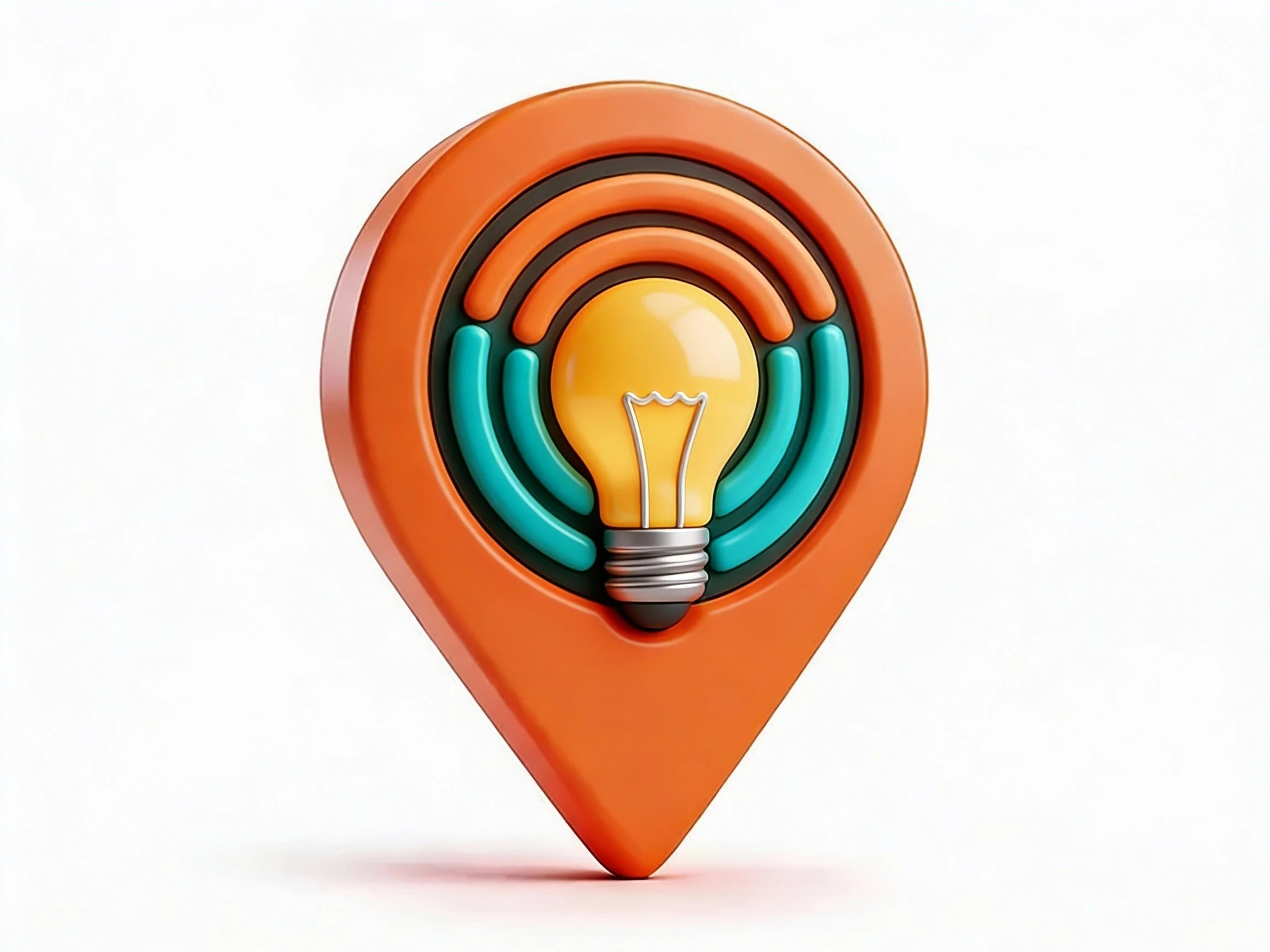 a light bulb on an orange and teal decal on a map icon