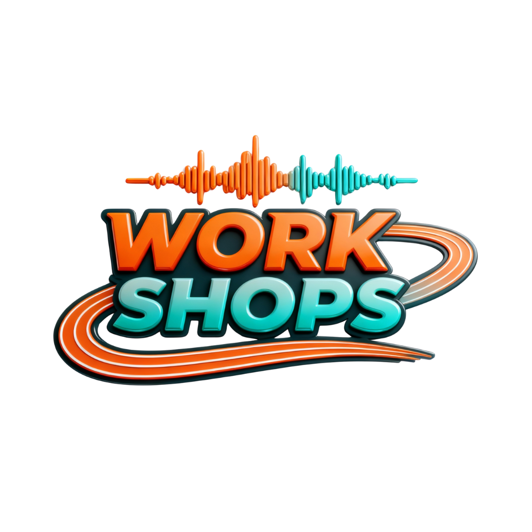 Colorful neon sign for work workshops with sound wave graphics and a curved track underneath.