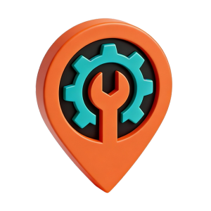 Colourful map location pin containing a gear and wrench to symbolise Workshop settings.