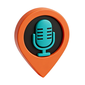 Colourful map location pin containing a microphone to symbolise recordings.