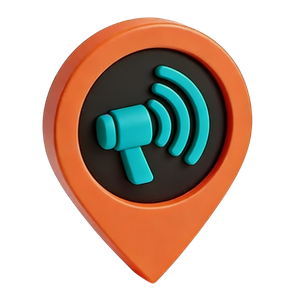 Icon of a gavel with wireless signal lines inside an orange map marker pin