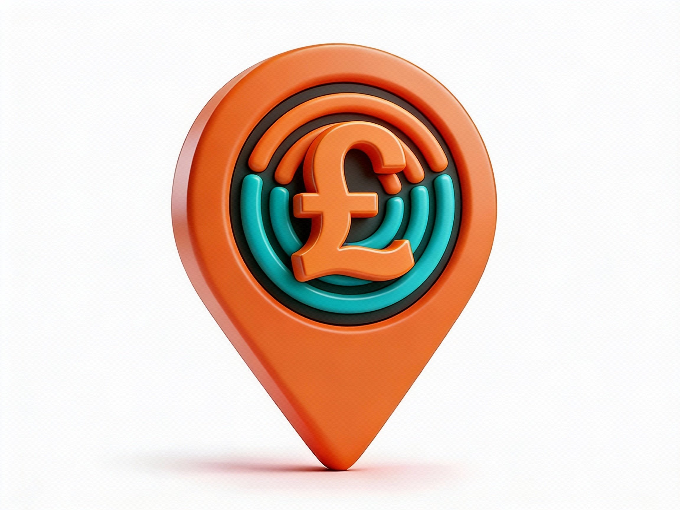 a pound sterling symbol on an orange and teal decal on a map icon