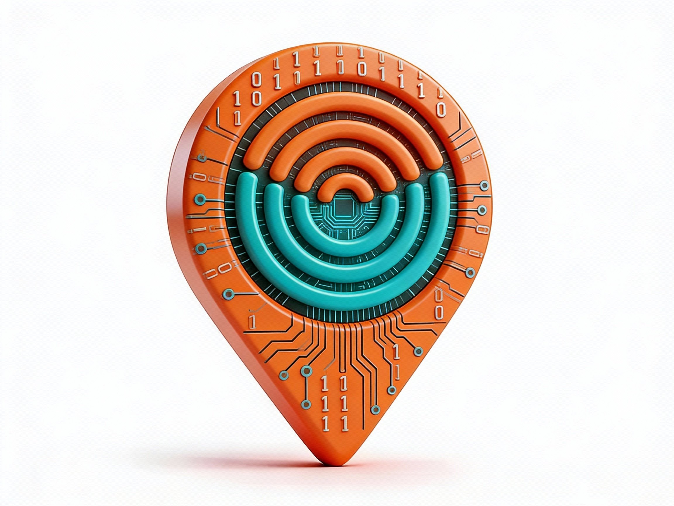 a series of concentric rings in orange and teal with measurement decals on a map icon