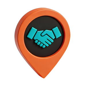 Colourful map location pin containing two hands shaking to symbolise collaboration.