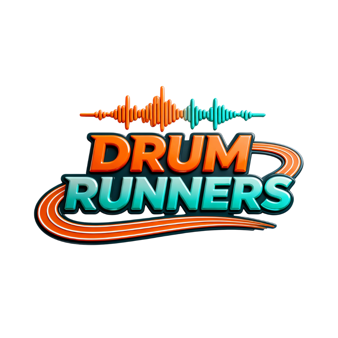 Colorful logo of 'Drum Runners' with a stylized sound wave and racing track element.