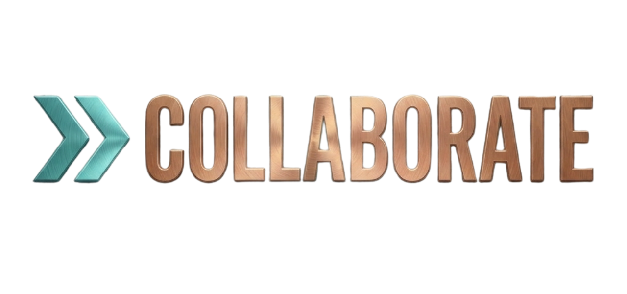 3D text reading 'COLLABORATE' with two teal arrows pointing right to the left of the text.