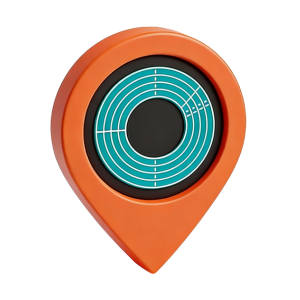 Colourful map location pin containing a running track to symbolise courses.