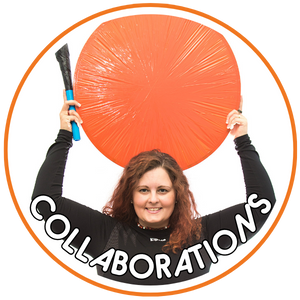 Woman holding an orange bike wheel drum above her head  and the word 'COLLABORATIONS' underneath.