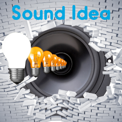 A large speaker with white bricks breaking away, a giant light bulb, and smaller light bulbs representing ideas, with the text 'Sound Idea' at the top.