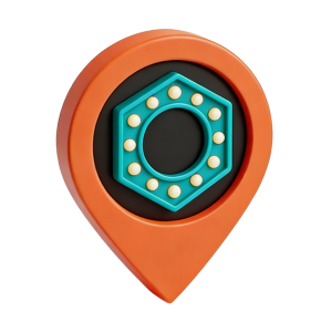 Colourful map location pin containing a hexagonal light up stage mirror to symbolise performance.