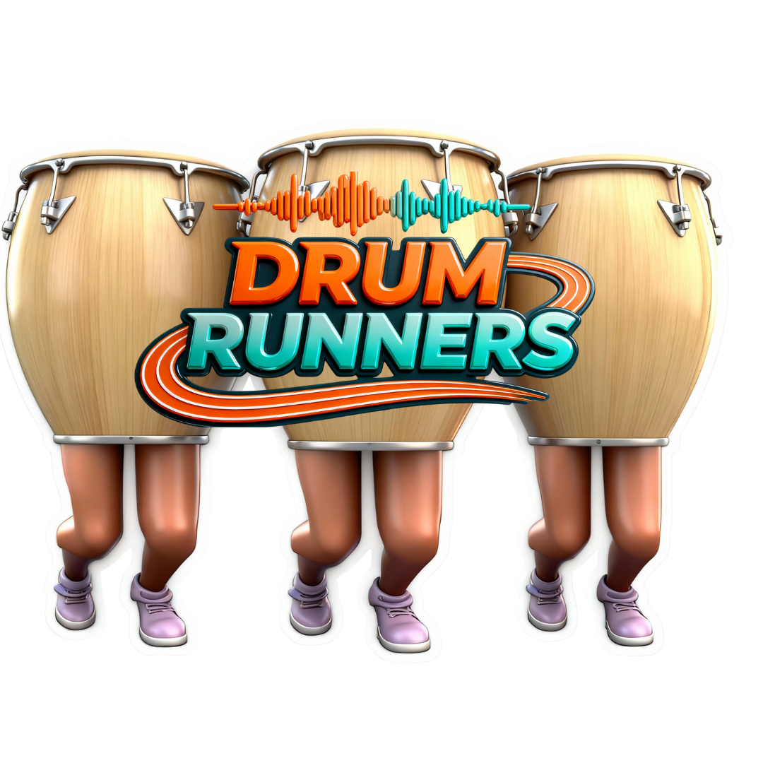 Logo for 'Drum Runners' featuring three conga drums each with pairs of cartoon legs with running trainers with a sound wave and text overlay