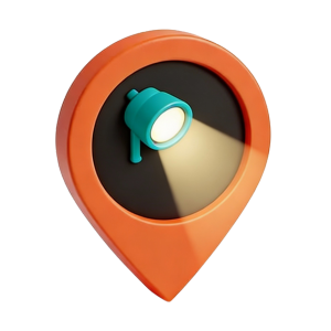 Colourful map location pin containing a spotlight to symbolise a feature or showcase