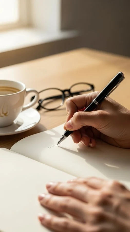 Eine Hand schreibt in ein Notizbuch, daneben liegen eine Brille und eine Tasse Kaffee auf einem Holztisch, im Hintergrund ein Fenster.