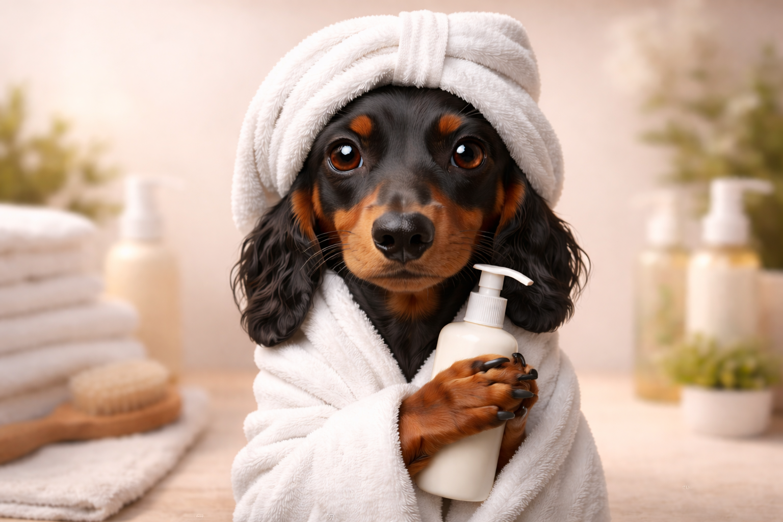 A dog dressed in a white towel robe with a towel wrapped around its head, holding a bottle of lotion or soap, standing in a bathroom with stacked towels and potted plants in the background.