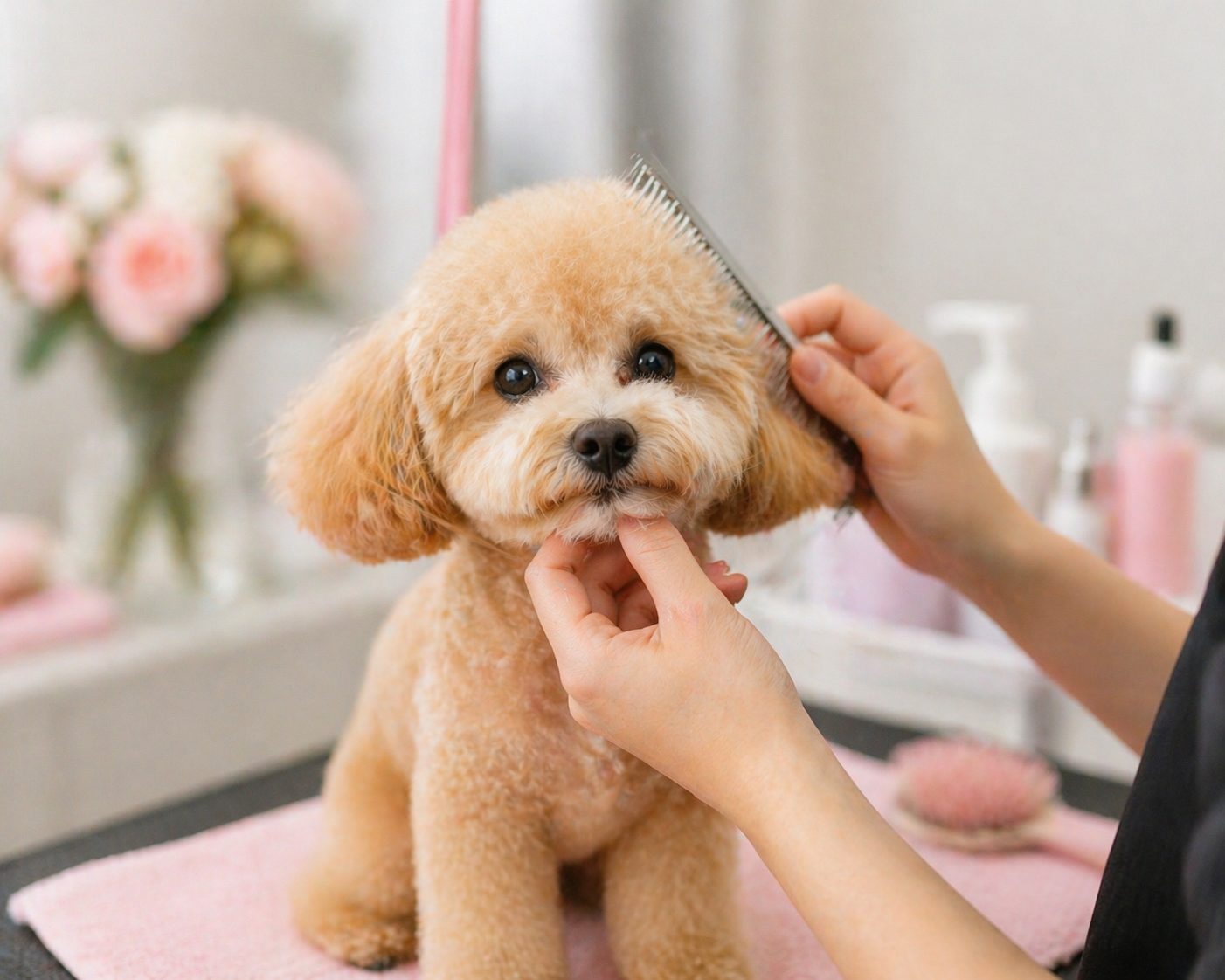 A small, light brown dog being groomed with a comb, with a person holding it gently and a pink towel underneath. In the background, there are blurred pink flowers and grooming products.