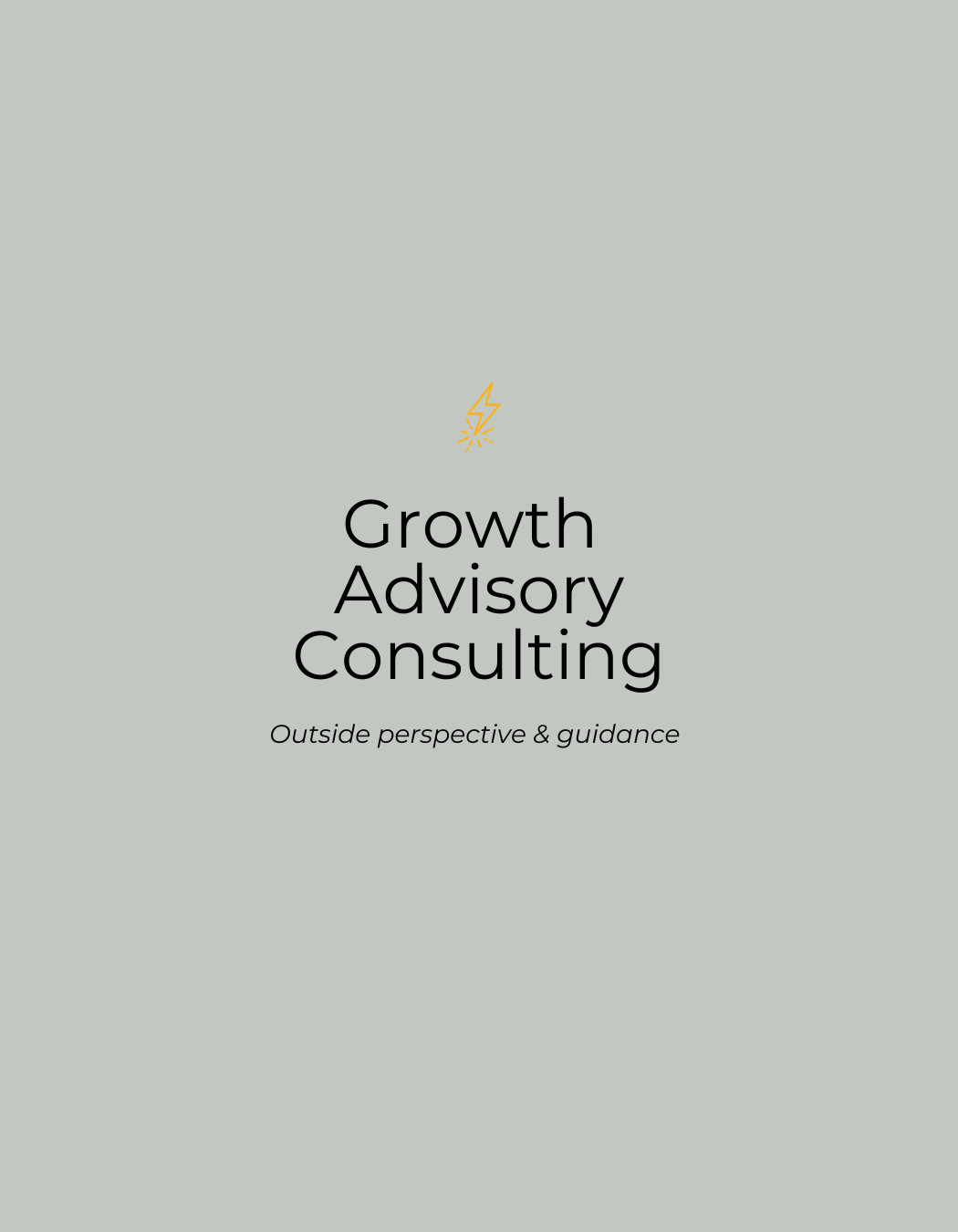 Cover page of Growth Advisory Consulting brochure with a light gray background, black text, and a small yellow lightning bolt icon above the title.