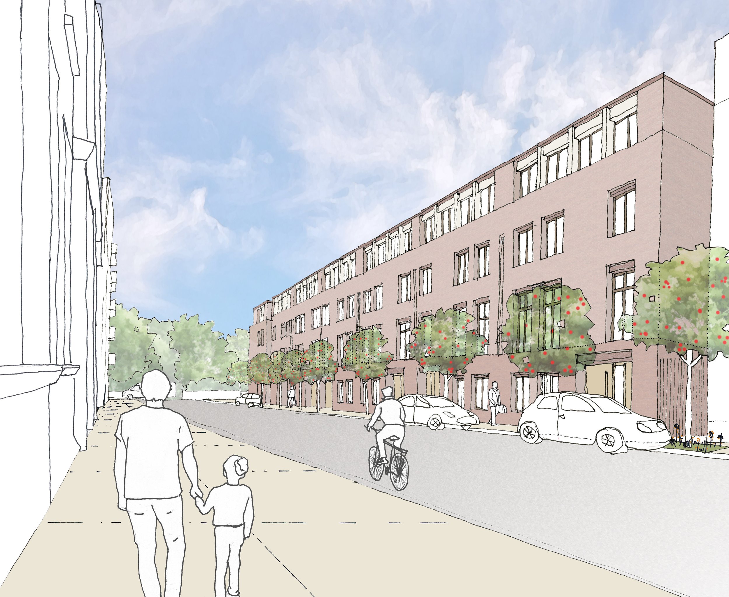 A watercolor street scene showing a man and child walking hand in hand on the sidewalk, a cyclist riding on the street, cars parked along the curb, and a modern multi-story building with trees in front, under a partly cloudy sky.