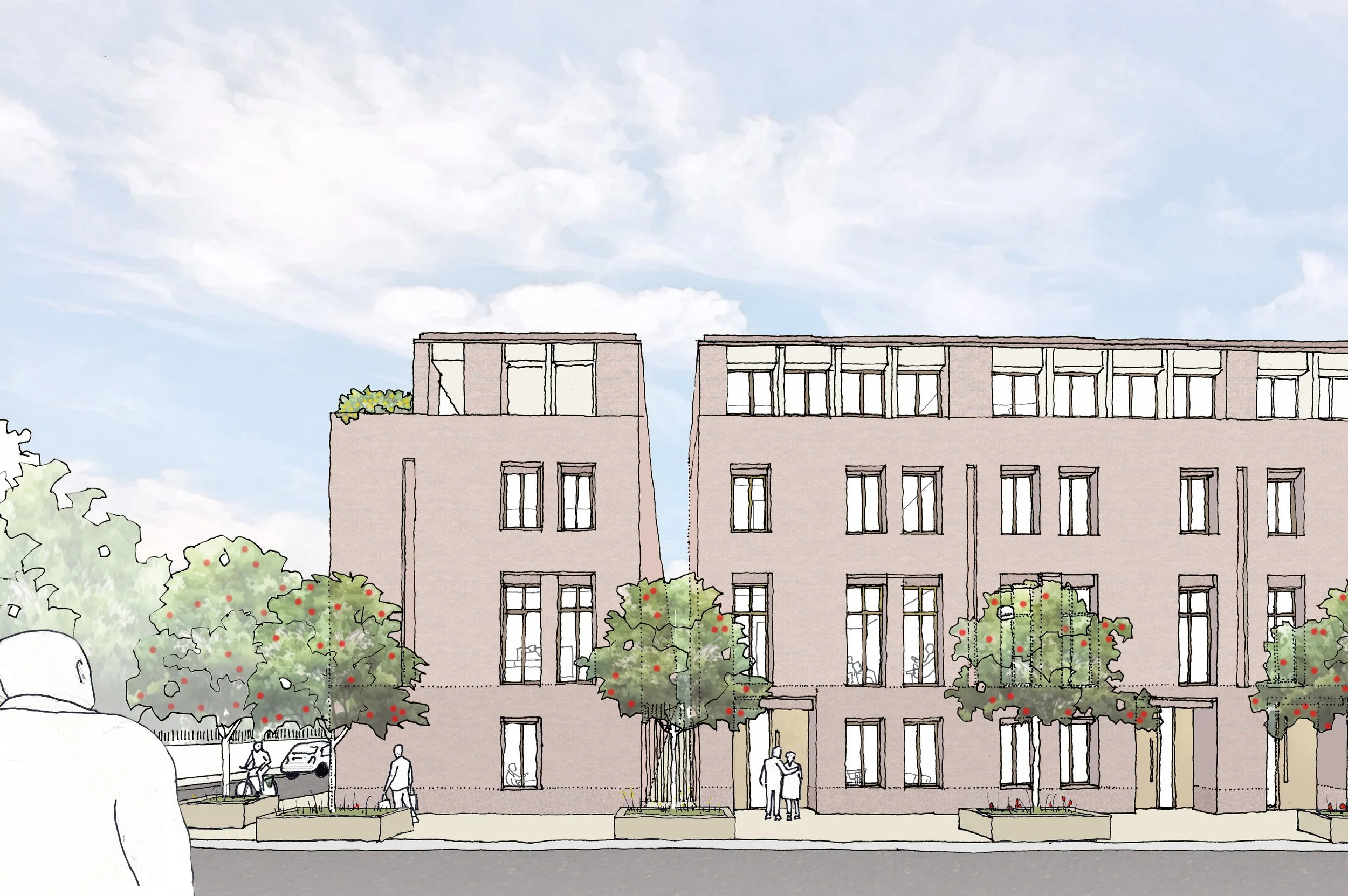 Drawing of a modern apartment building with multiple floors, trees in front, a sidewalk, and a few people walking or standing outside on a cloudy day.