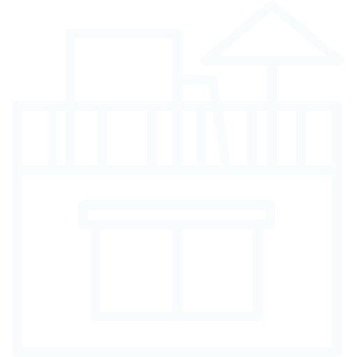 Line drawing of a house exterior with a balcony, window, and roof with a triangular shape.