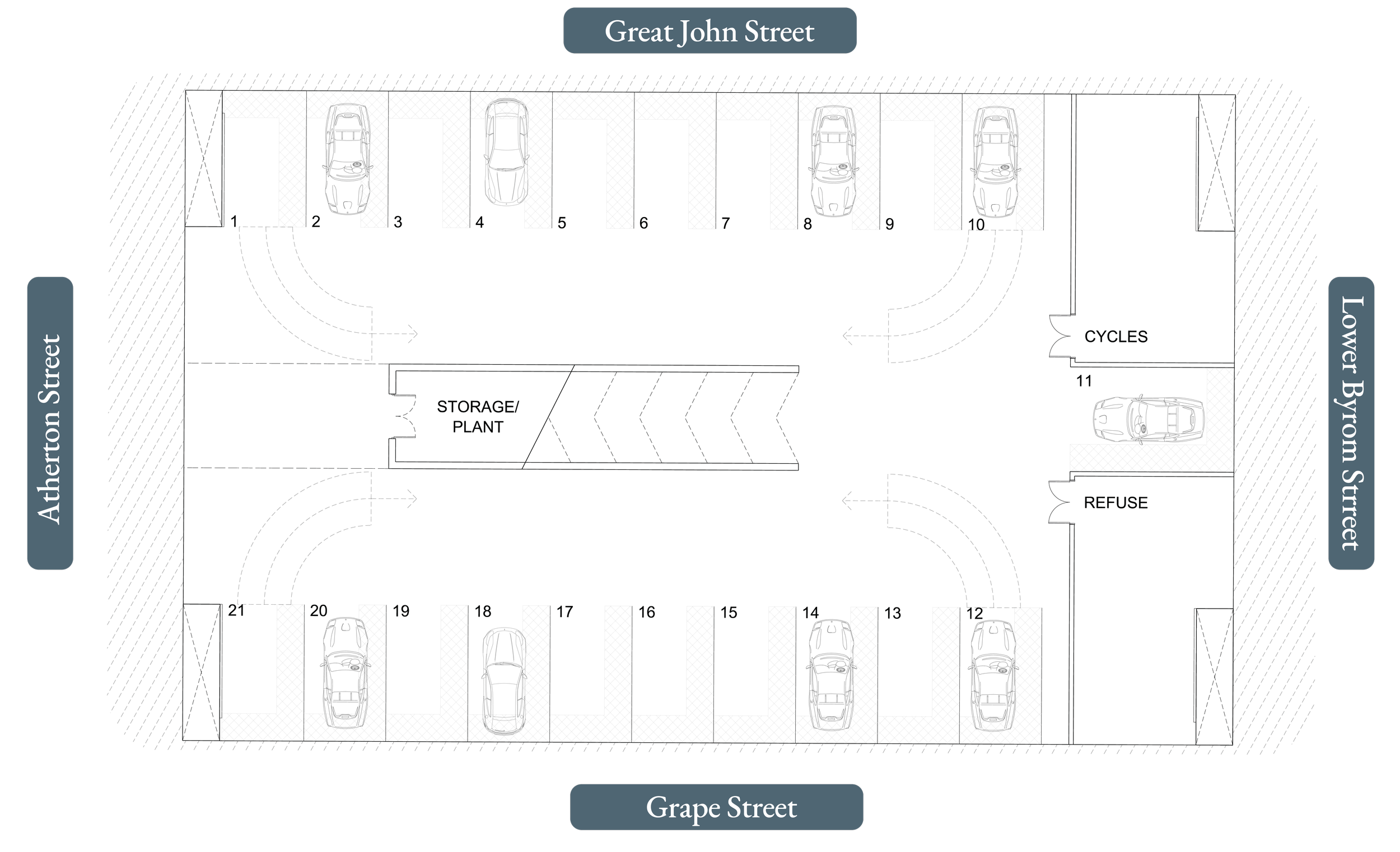 Map of a city block showing four streets: Great John Street at the top, Athens Street on the left, Lower Byram Street on the right, and Grape Street at the bottom. The map includes labels and a few building outlines.