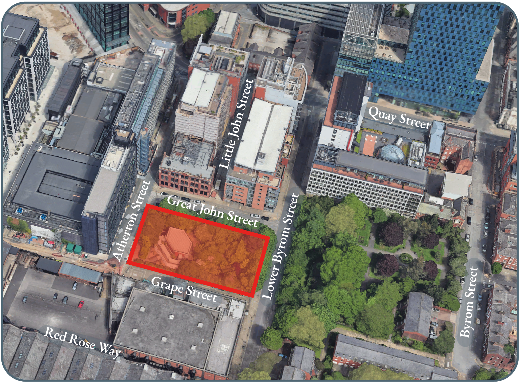 Aerial view of a city block with streets labeled Altherton Street, Great John Street, Grape Street, Lower Byron Street, and Byron Street. An orange highlighted area marks a building on Altherton Street next to Grape Street. Surrounding the area are buildings, roads, and a park with green trees.