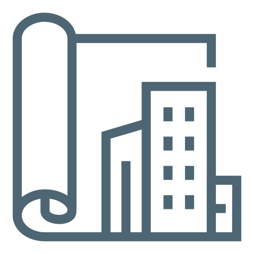 Blueprint of a building with a rolled-up architectural plan