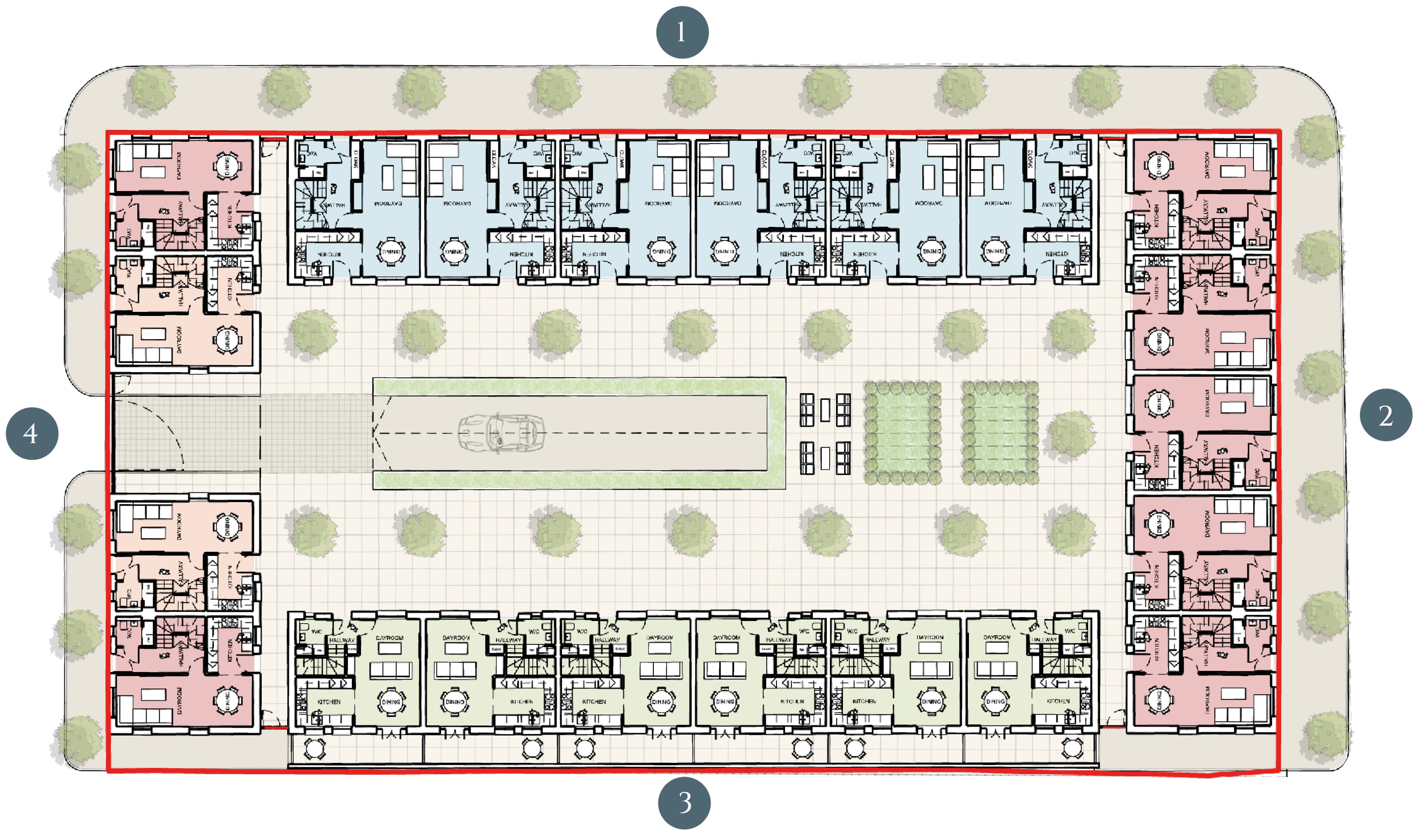 A detailed architectural site plan of a residential apartment complex with a central courtyard. The layout includes multiple buildings with various apartment units, color-coded floor plans indicating different apartment types, access roads, parking spaces, landscaping features, and communal areas surrounded by trees.