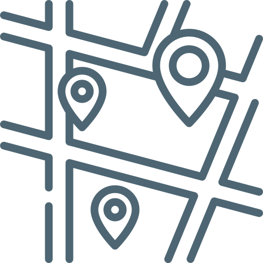 A digital map icon showing three location markers on a street map.