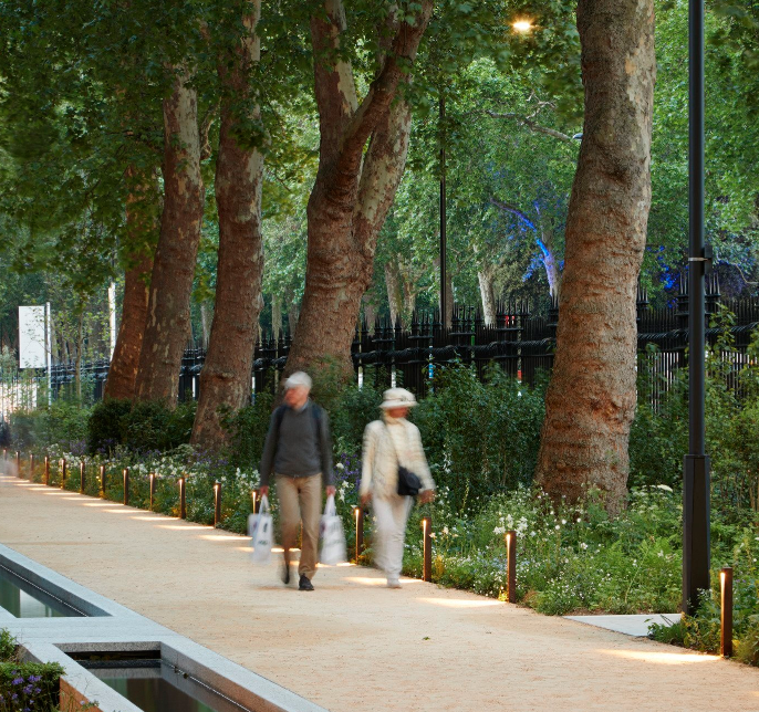 Two elderly people walking along a tree-lined path at dusk, carrying shopping bags.