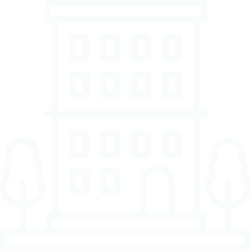 Black and white icon of a multi-story building with a rounded entrance and two trees on either side.