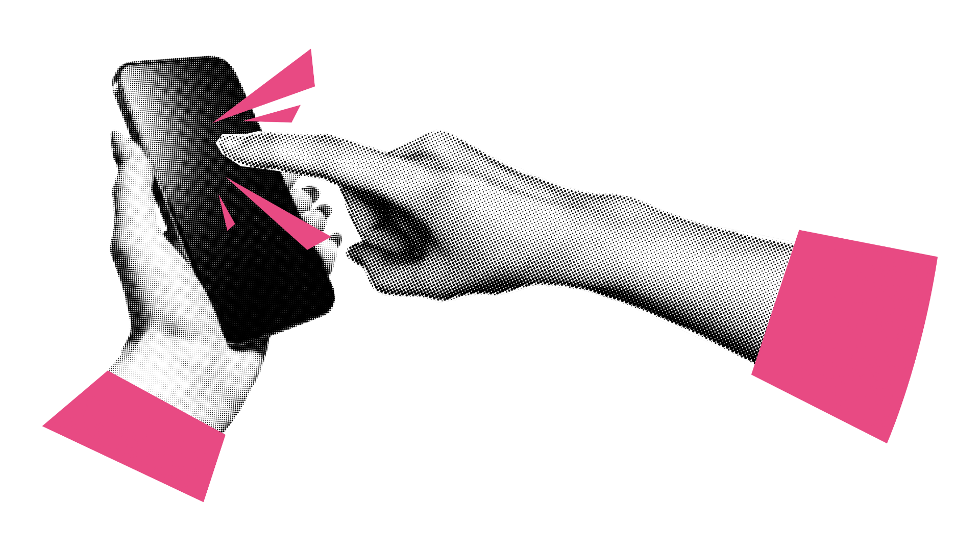 Illustration of hands tapping a smartphone screen representing mobile ad engagement, CTR optimization, and e-commerce profit calculations.